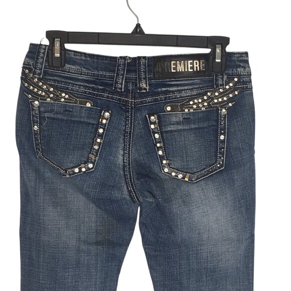 PREMIERE by rue21 Jeans Womens 3/4R Blue Slim Boot Stretch Embellished Pockets - Picture 10 of 15